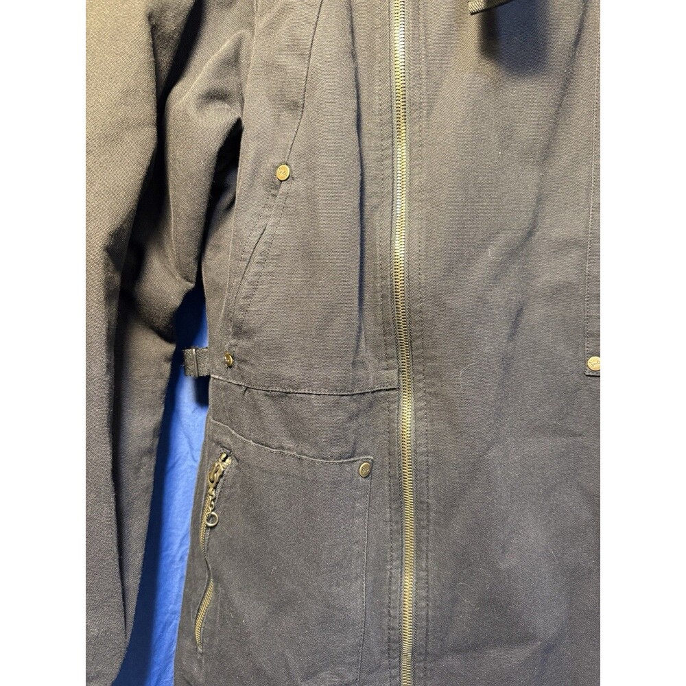 1990's Triple Five Soul Vintage Black Denim Long Jacket with Camo Lining Large - Picture 5 of 9